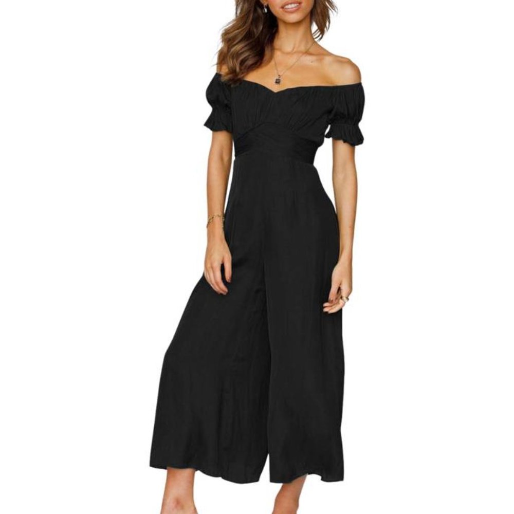 Women's Off Shoulder Puff Sleeve Wide Leg Jumpsuit w/ Belt  Black Size XL